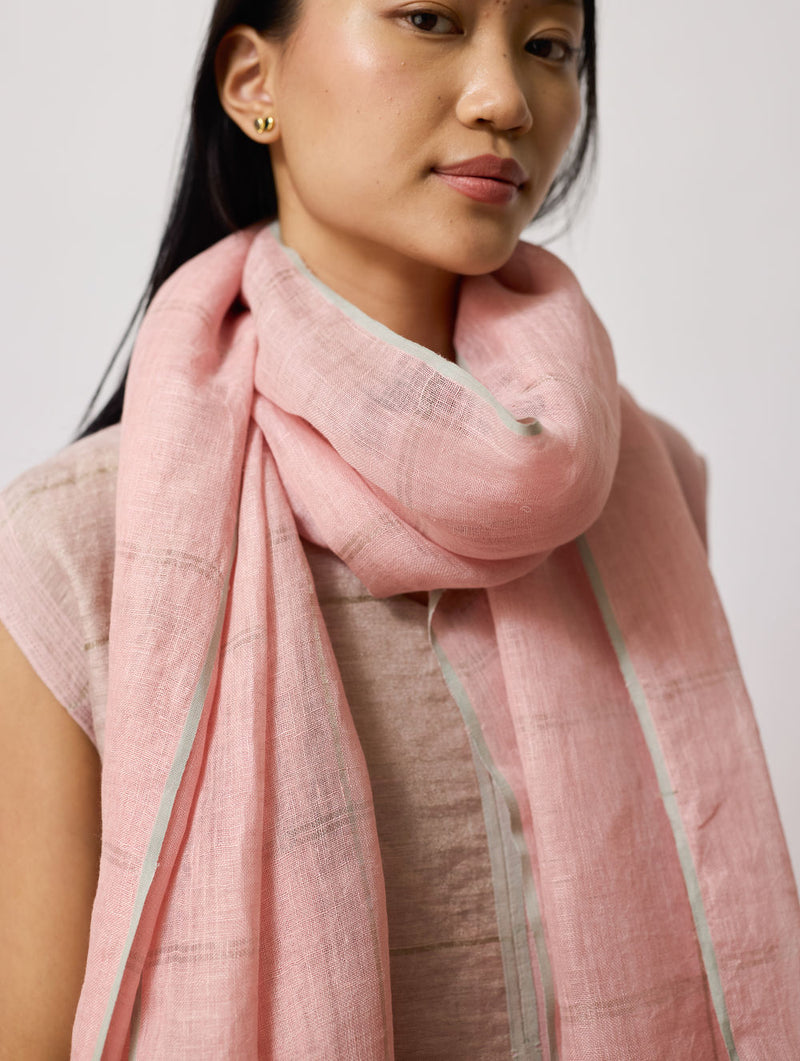 Sava Linen Metallic-Check Dupatta-Pink linen dupatta by Manan in pink for women Worldwide