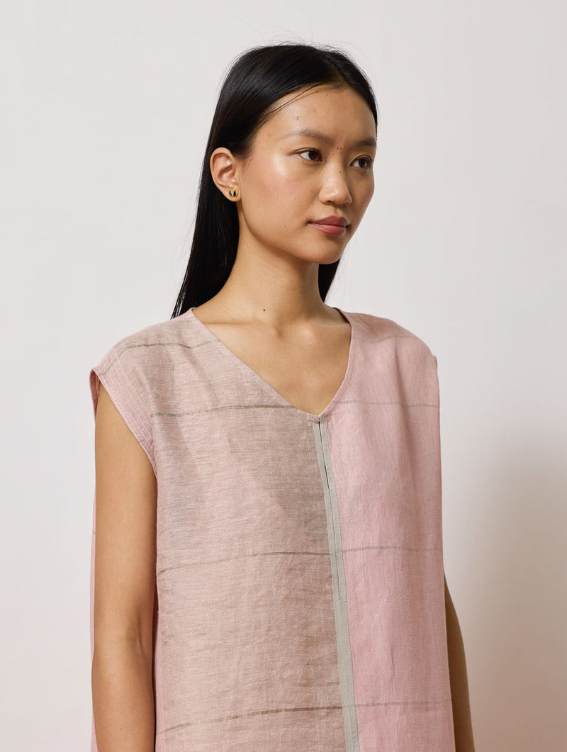 Rira Metallic Linen Long Tunic-Pink linen kurta/kurta set by Manan in pink for women Worldwide