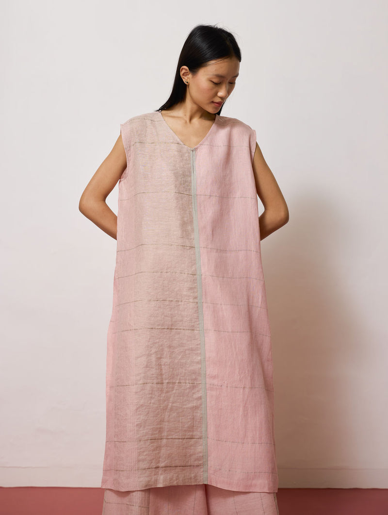 Rira Metallic Linen Long Tunic-Pink linen kurta/kurta set by Manan in pink for women Worldwide
