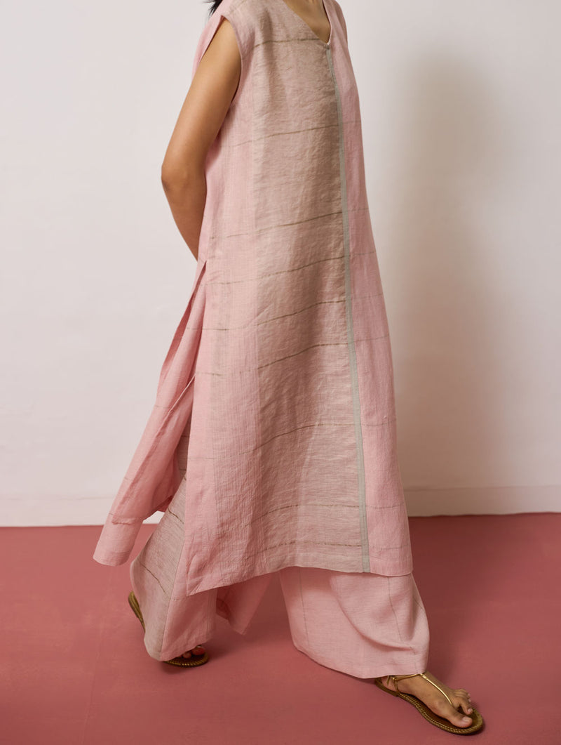 Sera Wide-Leg Metallic Linen Pants-Pink linen pant/trousers by Manan in pink for women Worldwide