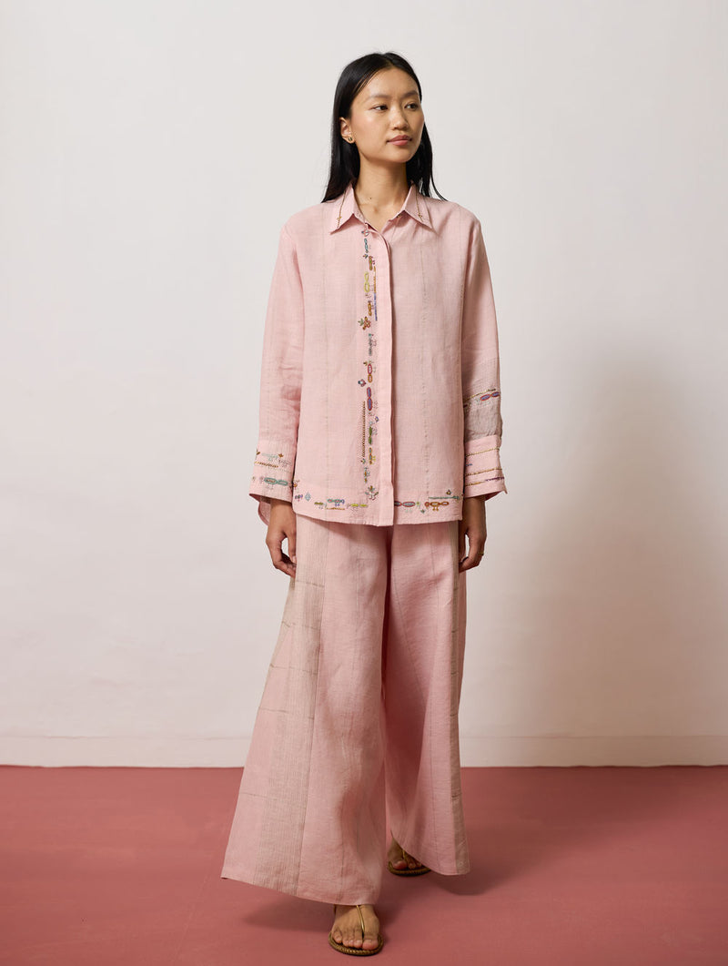 Hanat Hand-Embroidered Bird Co-ord-Pink linen co-ord set by Manan in pink for women Worldwide