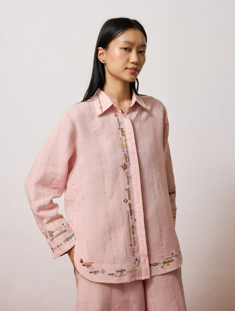 Hanat Hand-Embroidered Bird Shirt-Pink linen top/shirt by Manan in pink for women Worldwide