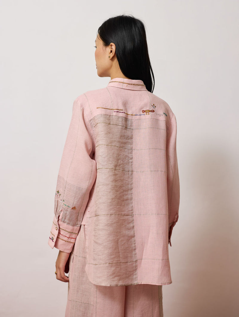 Hanat Hand-Embroidered Bird Shirt-Pink linen top/shirt by Manan in pink for women Worldwide