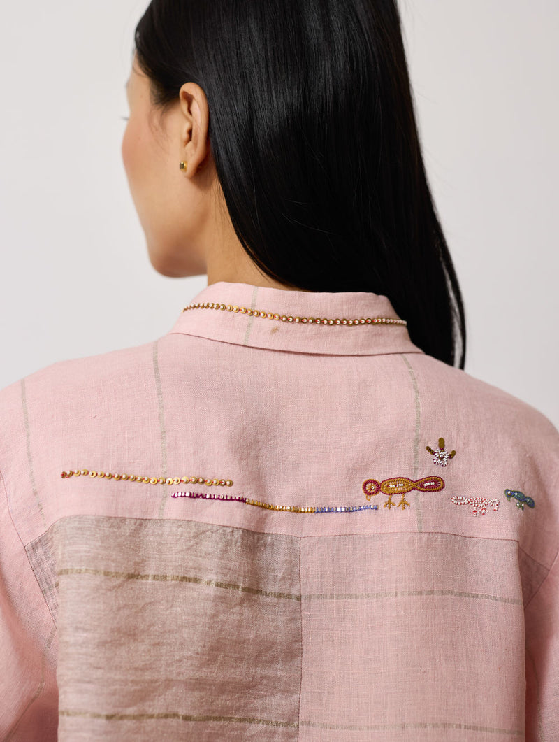 Hanat Hand-Embroidered Bird Shirt-Pink linen top/shirt by Manan in pink for women Worldwide