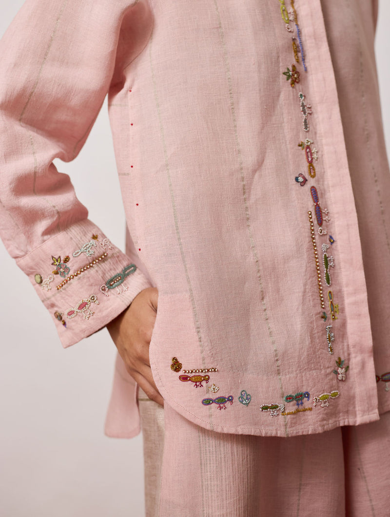 Hanat Hand-Embroidered Bird Co-ord-Pink linen co-ord set by Manan in pink for women Worldwide