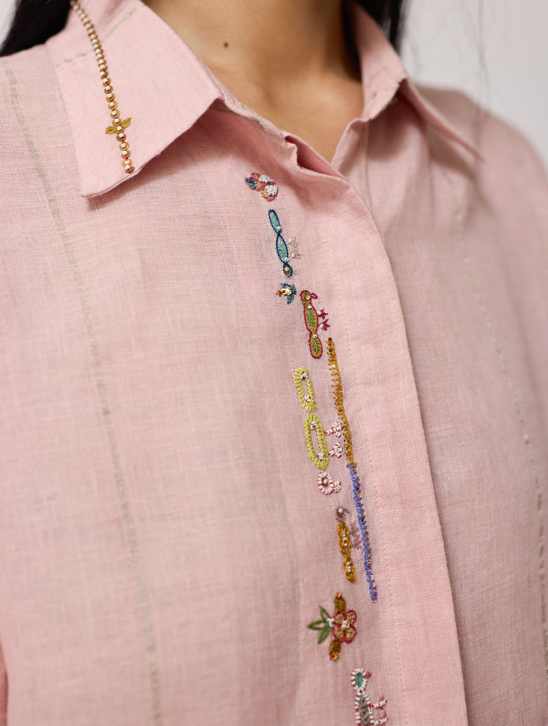 Hanat Hand-Embroidered Bird Co-ord-Pink linen co-ord set by Manan in pink for women Worldwide