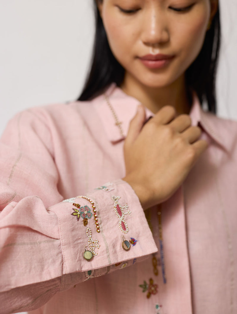 Hanat Hand-Embroidered Bird Shirt-Pink linen top/shirt by Manan in pink for women Worldwide