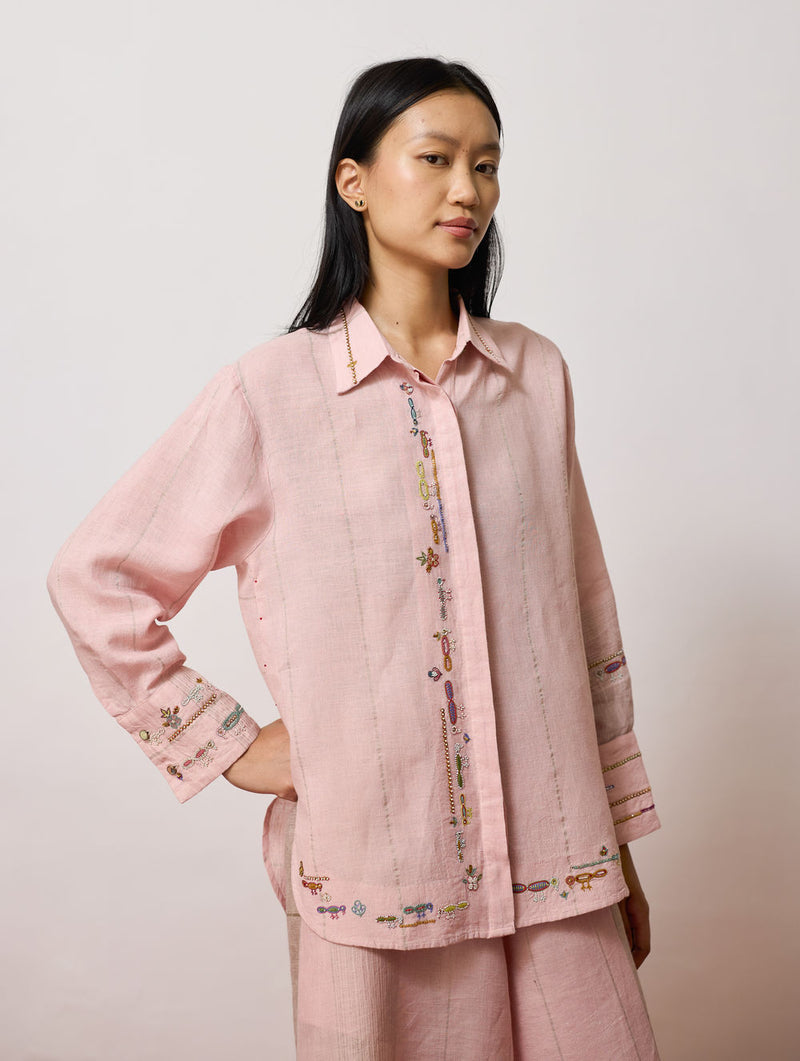 Hanat Hand-Embroidered Bird Co-ord-Pink linen co-ord set by Manan in pink for women Worldwide