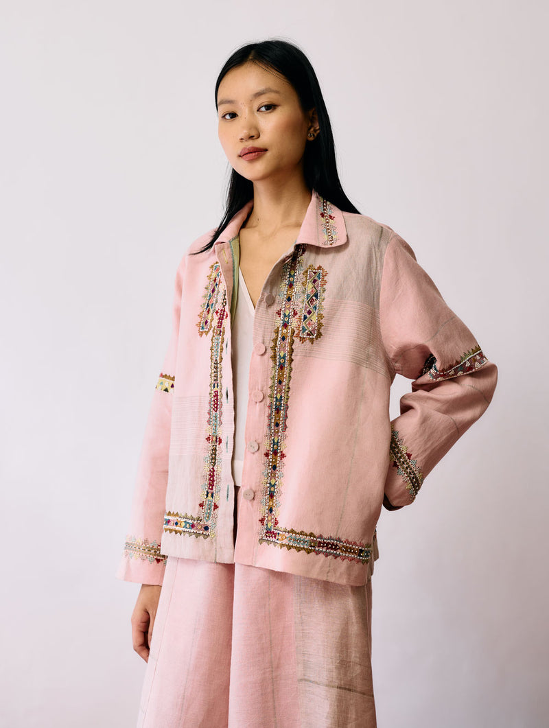 Zuri Hand-Embroidered Metallic Jacket-Pink linen jacket/overlay by Manan in pink for women Worldwide