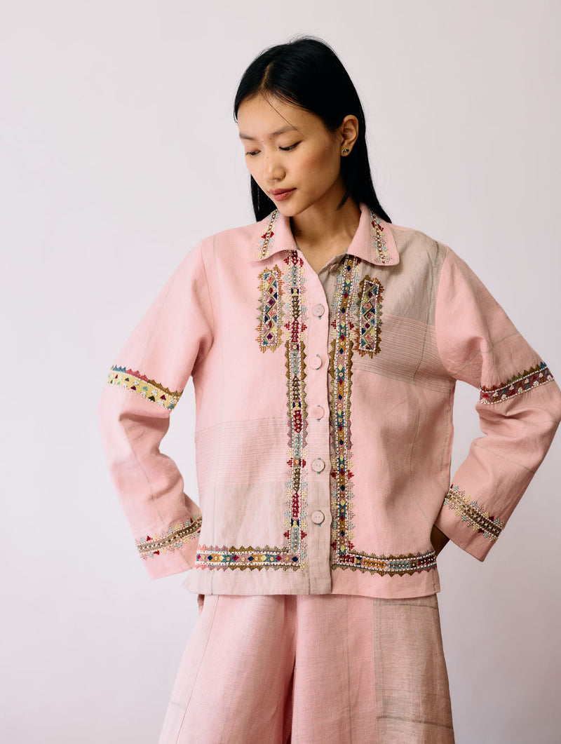 Zuri Hand-Embroidered Metallic Jacket-Pink linen jacket/overlay by Manan in pink for women Worldwide