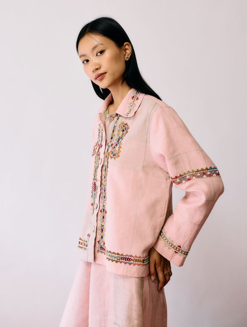 Dana Pintuck & Pleat Sleeveless Co-ord-Pink linen co-ord set by Manan in pink for women Worldwide