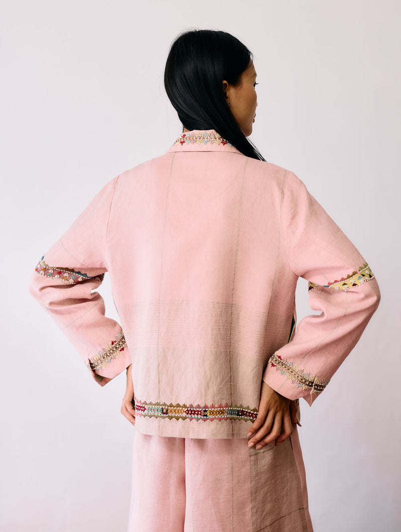 Zuri Hand-Embroidered Metallic Jacket-Pink linen jacket/overlay by Manan in pink for women Worldwide