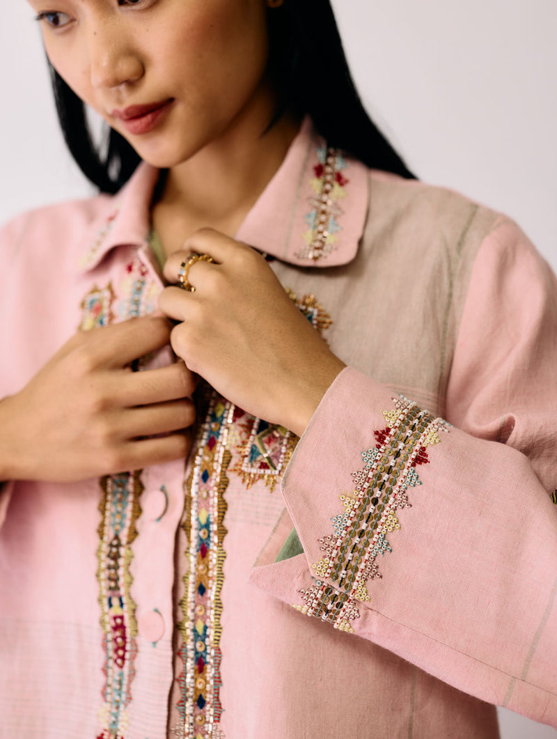 Zuri Hand-Embroidered Metallic Jacket-Pink linen jacket/overlay by Manan in pink for women Worldwide