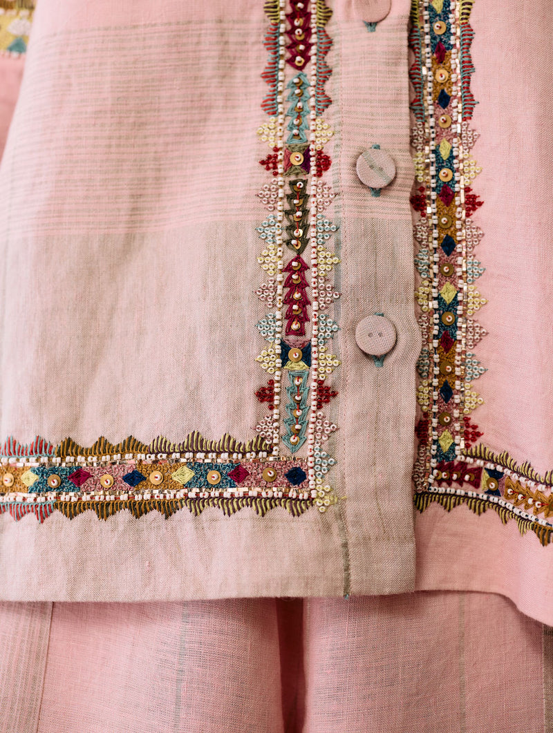 Zuri Hand-Embroidered Metallic Jacket-Pink linen jacket/overlay by Manan in pink for women Worldwide