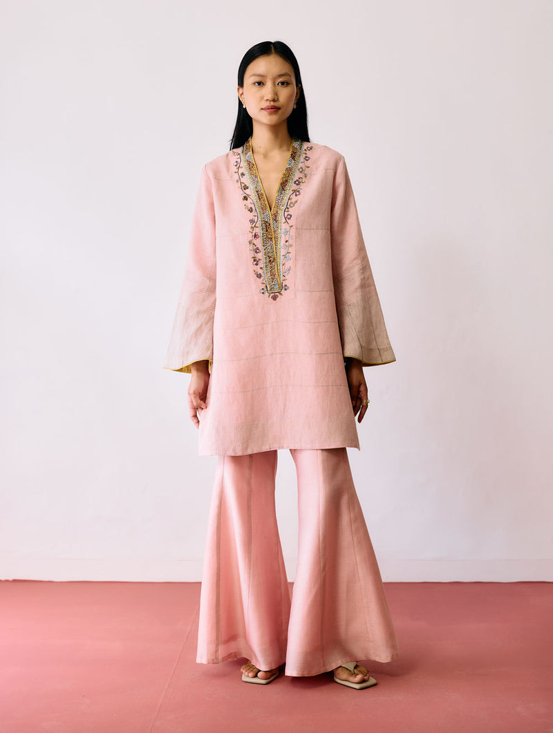 Naar Hand-Embroidered Metallic Kurta Set-Pink linen kurta/kurta set by Manan in pink for women Worldwide