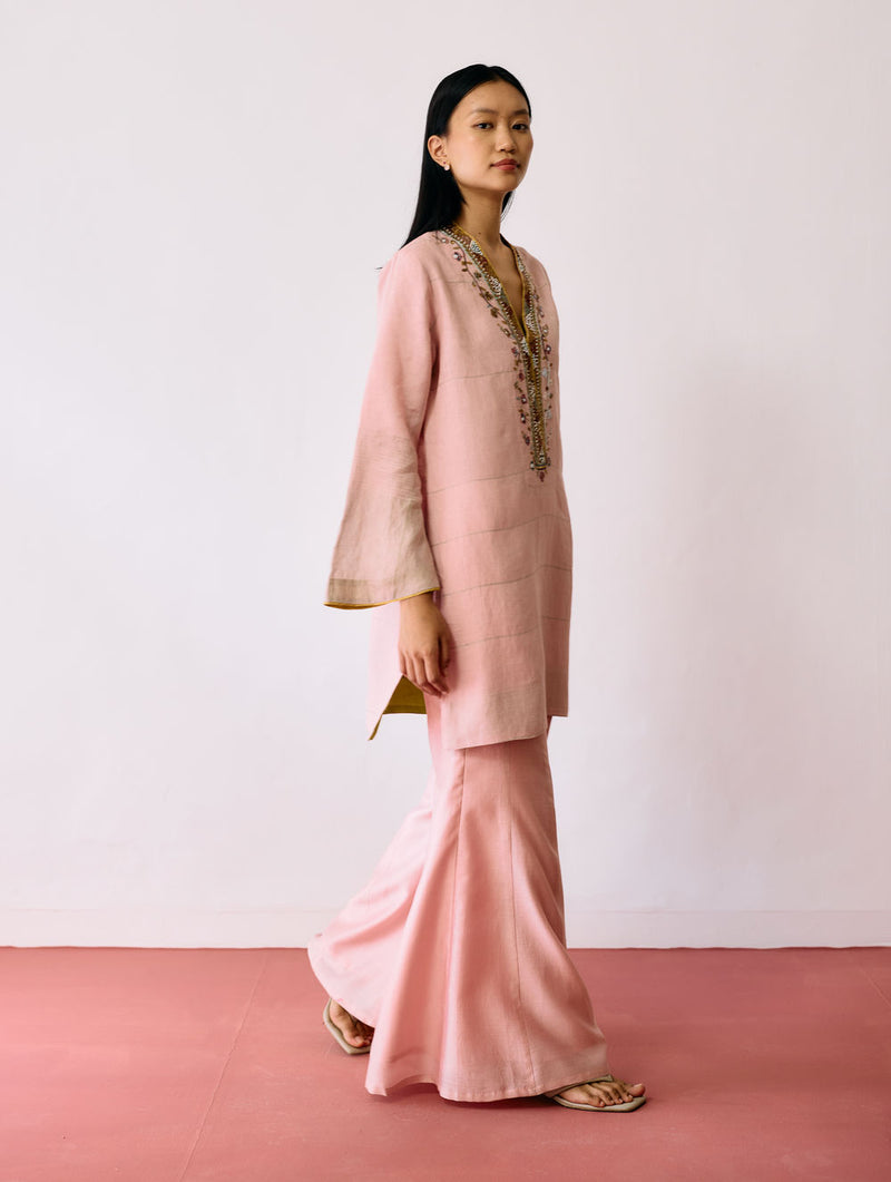 Reva Silk Chanderi Sharara Pants-Pink silk chanderi pant/trousers by Manan in pink for women Worldwide
