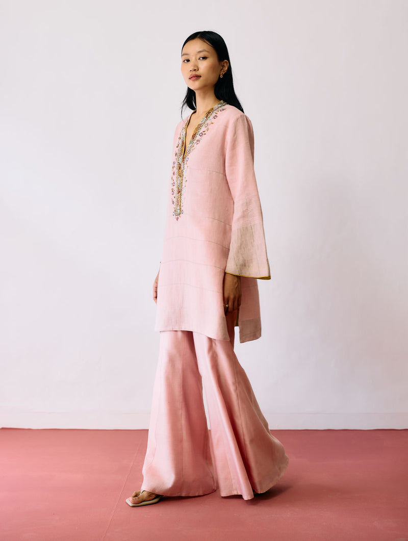 Reva Silk Chanderi Sharara Pants-Pink silk chanderi pant/trousers by Manan in pink for women Worldwide
