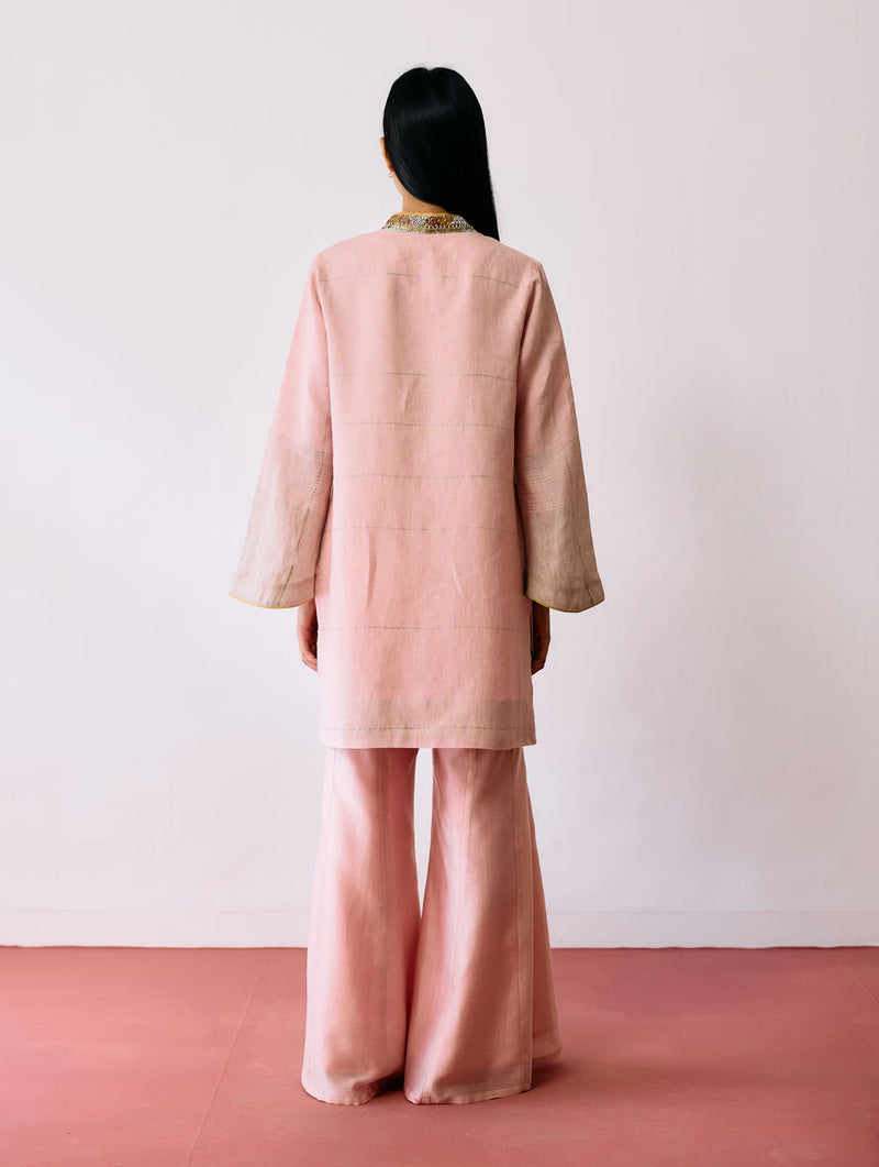 Reva Silk Chanderi Sharara Pants-Pink silk chanderi pant/trousers by Manan in pink for women Worldwide