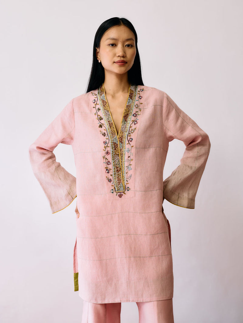 Naar Hand-Embroidered Metallic Kurta-Pink linen kurta/kurta set by Manan in pink for women Worldwide
