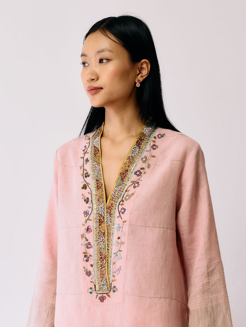 Naar Hand-Embroidered Metallic Kurta-Pink linen kurta/kurta set by Manan in pink for women Worldwide