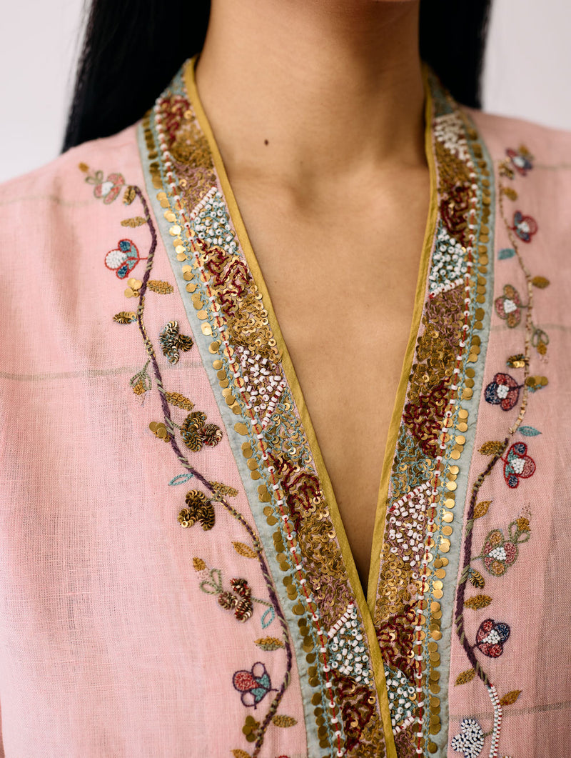 Naar Hand-Embroidered Metallic Kurta-Pink linen kurta/kurta set by Manan in pink for women Worldwide