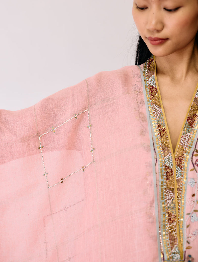 Mora Hand-Embroidered Metallic Linen Dupatta-Pink linen dupatta by Manan in pink for women Worldwide