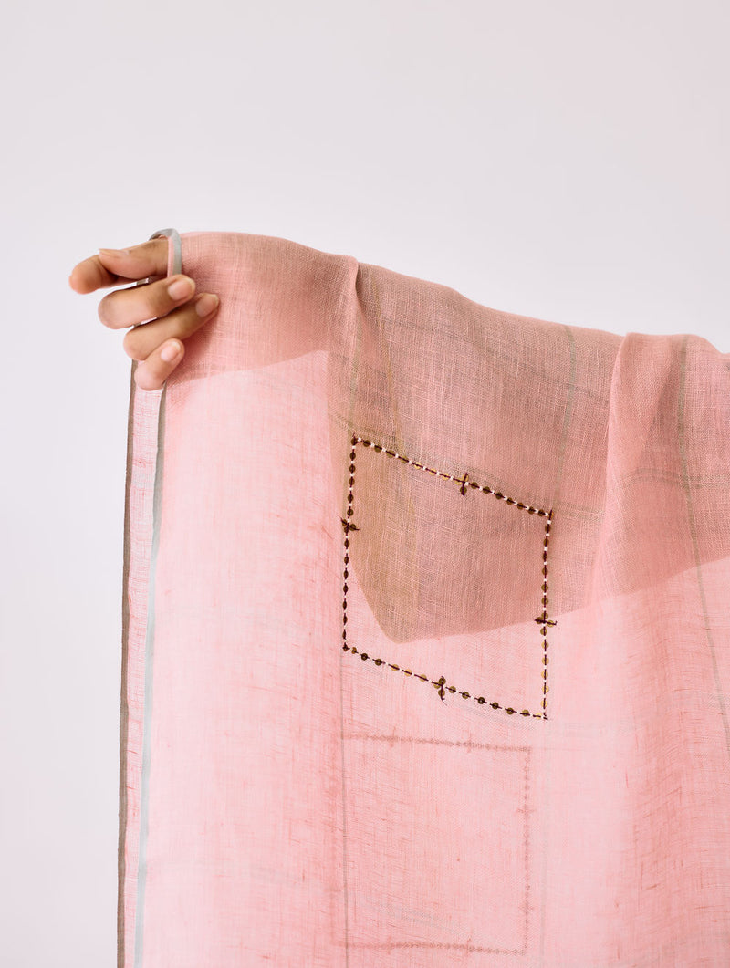 Aicha Hand-Embroidered Panelled Kurta Set-Pink linen kurta/kurta set by Manan in pink for women Worldwide