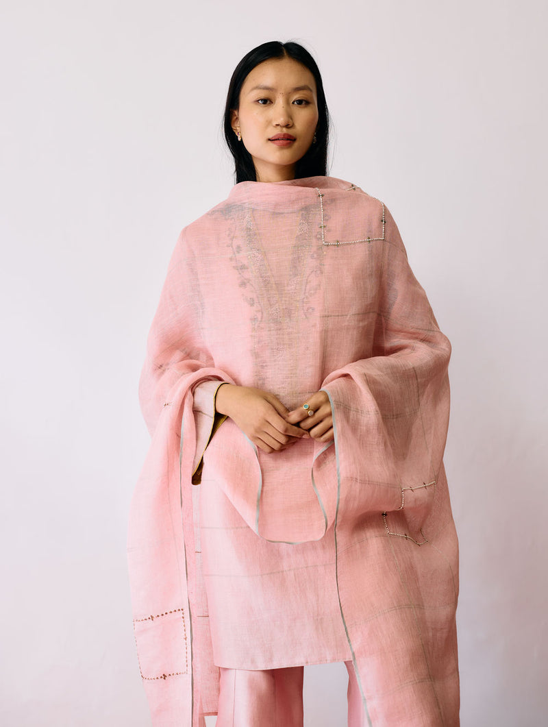 Mora Hand-Embroidered Metallic Linen Dupatta-Pink linen dupatta by Manan in pink for women Worldwide