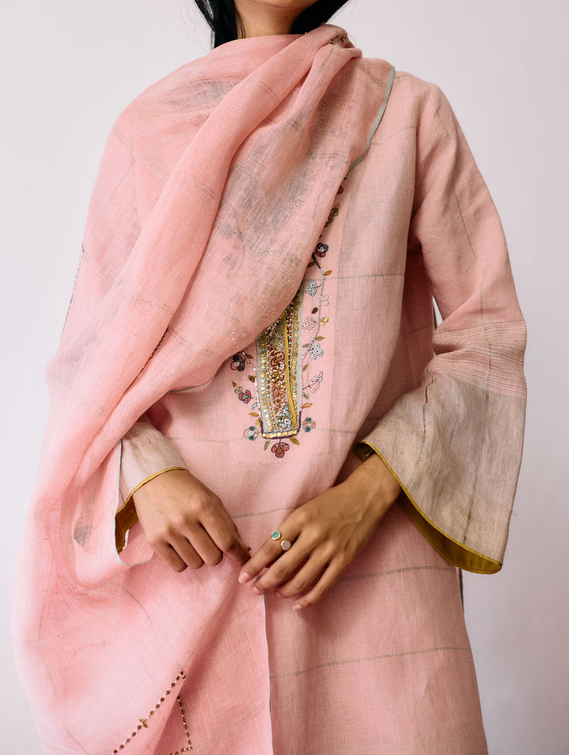 Mora Hand-Embroidered Metallic Linen Dupatta-Pink linen dupatta by Manan in pink for women Worldwide