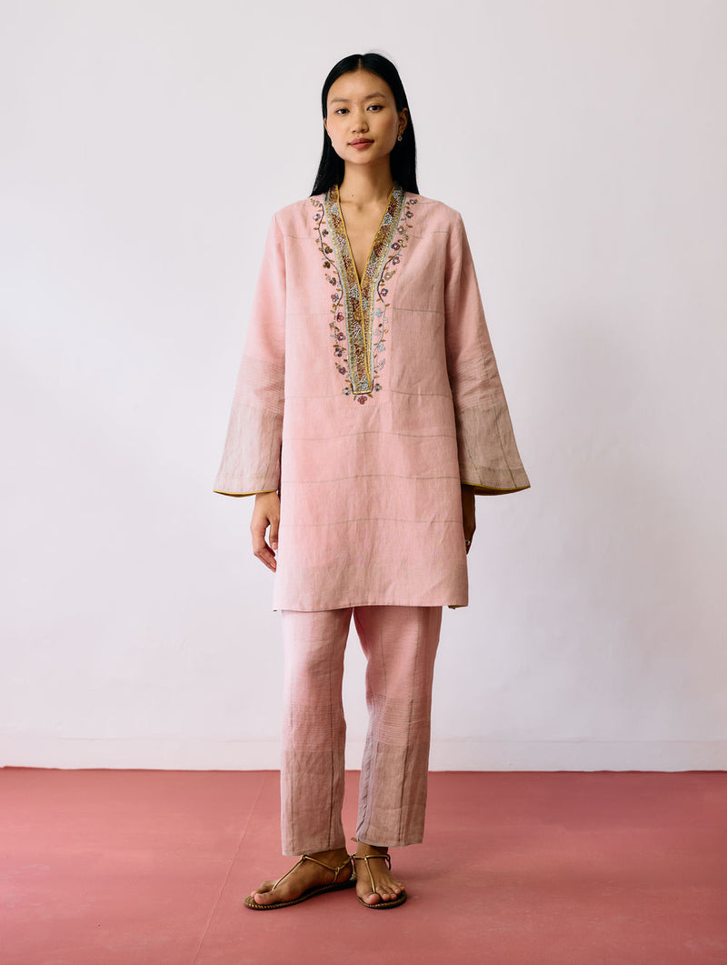 Nila Tapered Metallic Linen Pants-Pink linen pant/trousers by Manan in pink for women Worldwide