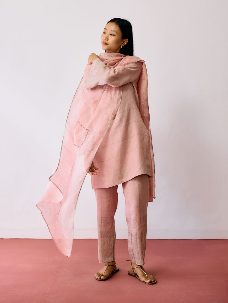 Mora Hand-Embroidered Metallic Linen Dupatta-Pink linen dupatta by Manan in pink for women Worldwide
