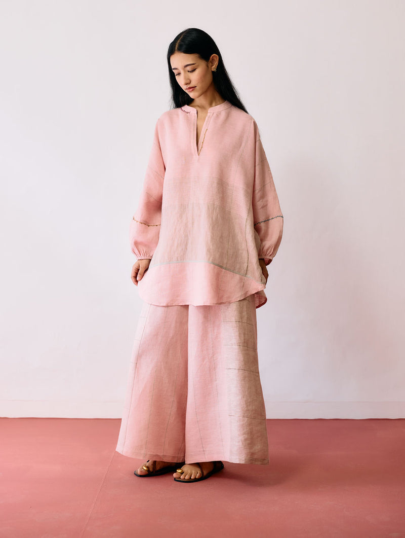 Raza Metallic Linen Top-Pink linen top/shirt by Manan in pink for women Worldwide