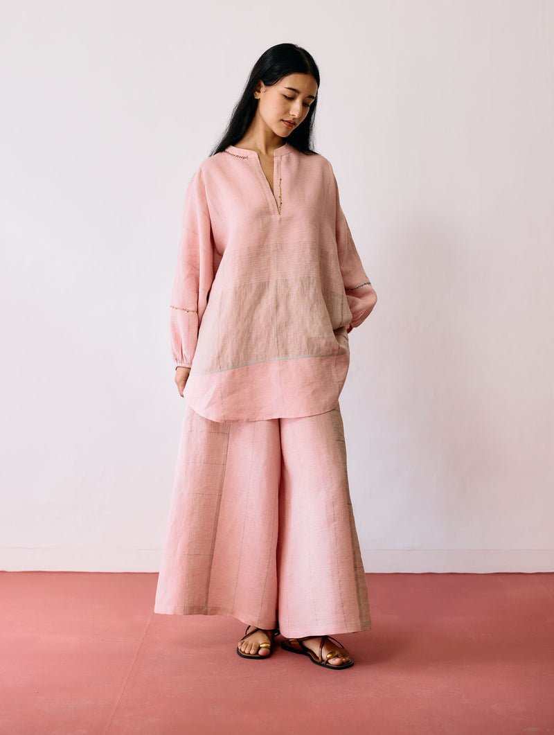 Raza Metallic Linen Co-ord-Pink linen co-ord set by Manan in pink for women Worldwide