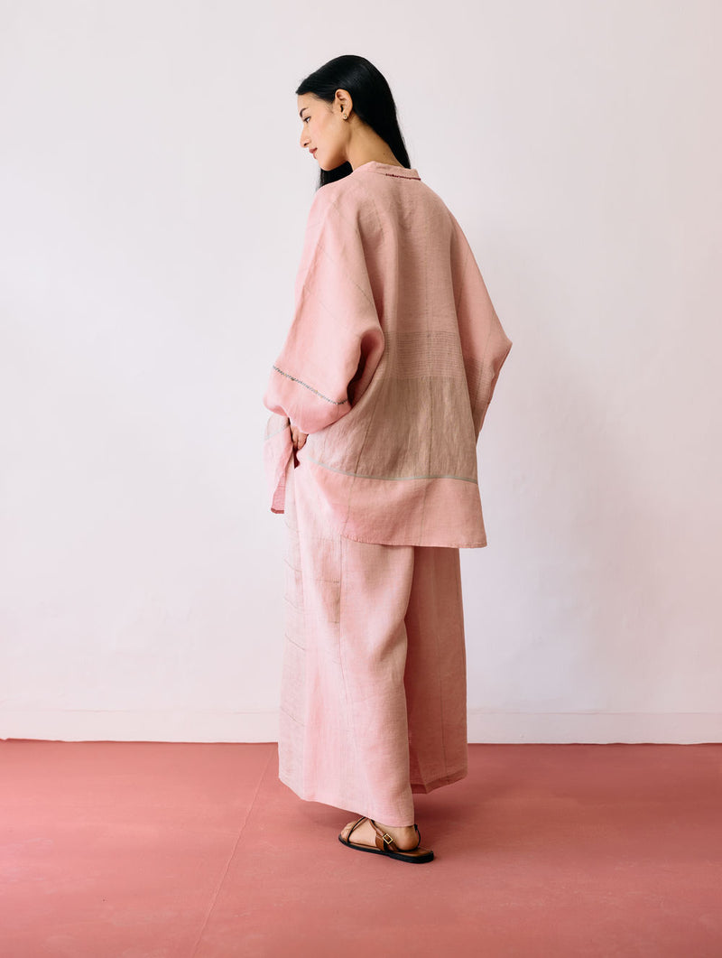 Raza Metallic Linen Co-ord-Pink linen co-ord set by Manan in pink for women Worldwide