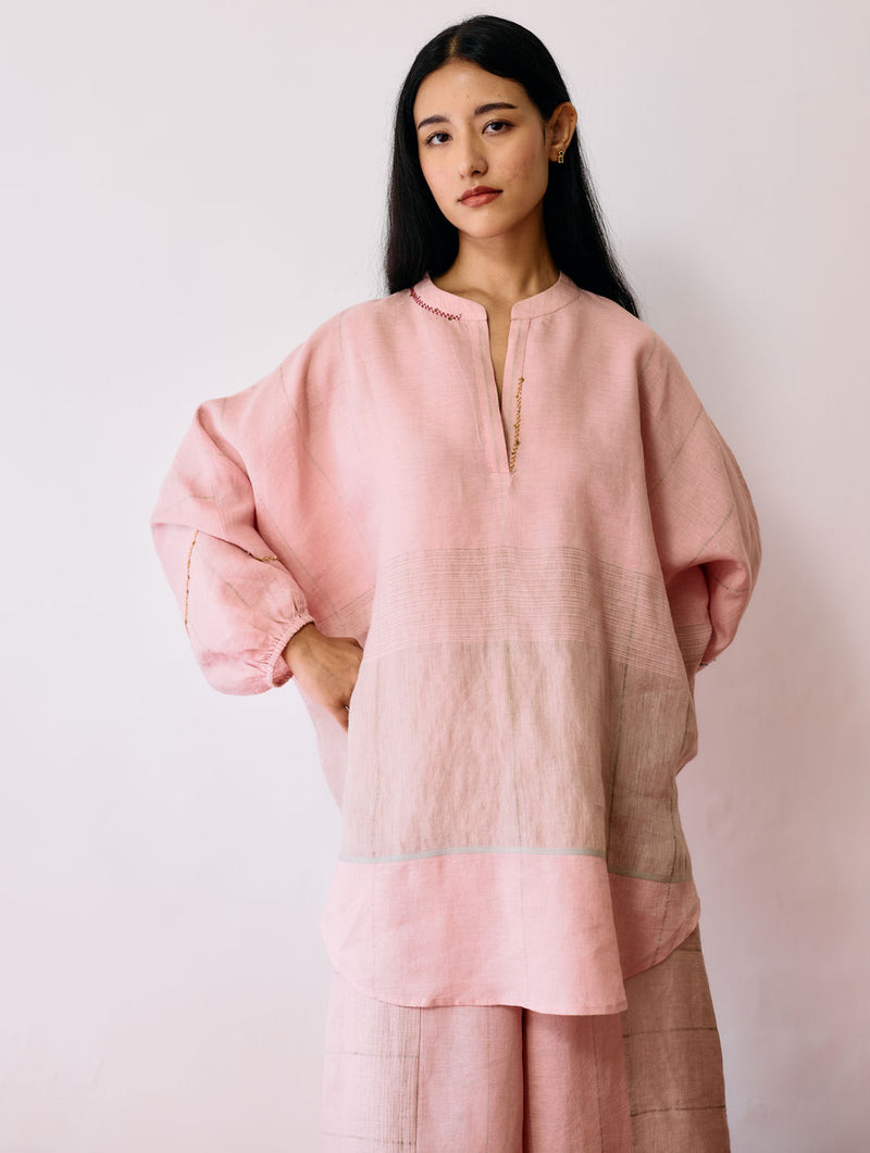 Raza Metallic Linen Top-Pink linen top/shirt by Manan in pink for women Worldwide