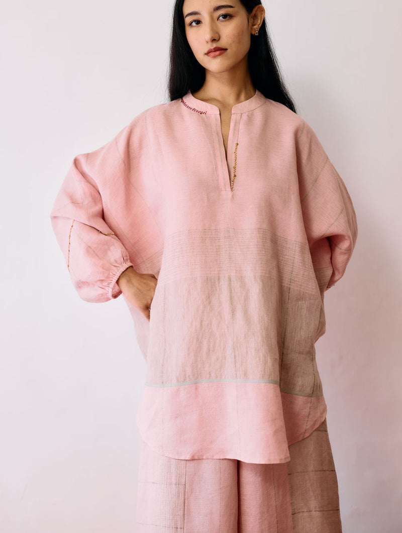 Raza Metallic Linen Top-Pink linen top/shirt by Manan in pink for women Worldwide
