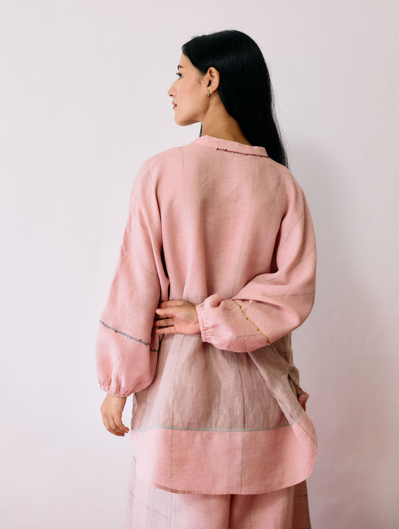 Raza Metallic Linen Co-ord-Pink linen co-ord set by Manan in pink for women Worldwide