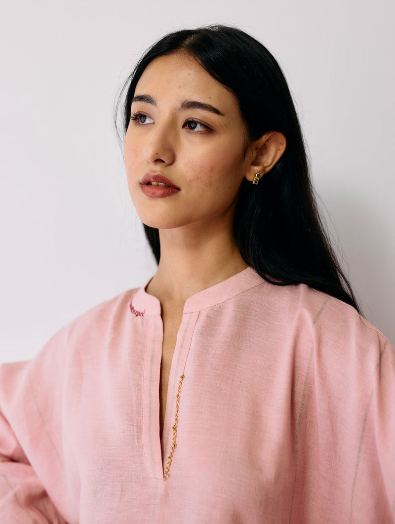 Raza Metallic Linen Top-Pink linen top/shirt by Manan in pink for women Worldwide