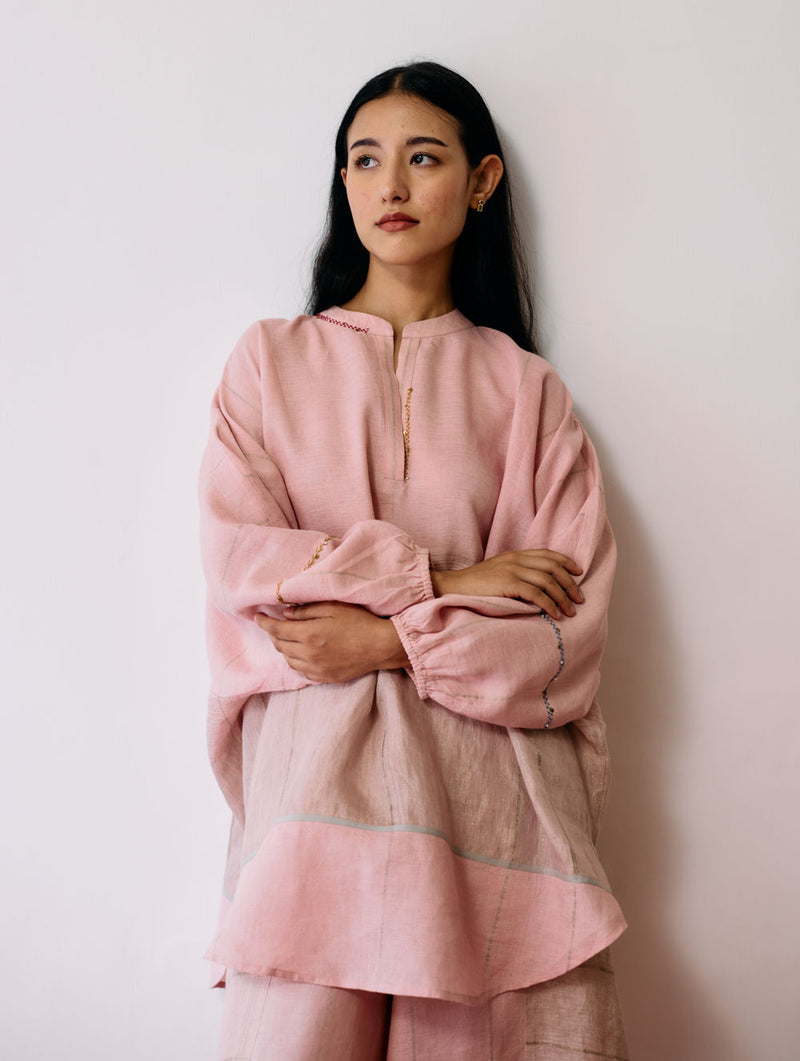 Raza Metallic Linen Top-Pink linen top/shirt by Manan in pink for women Worldwide