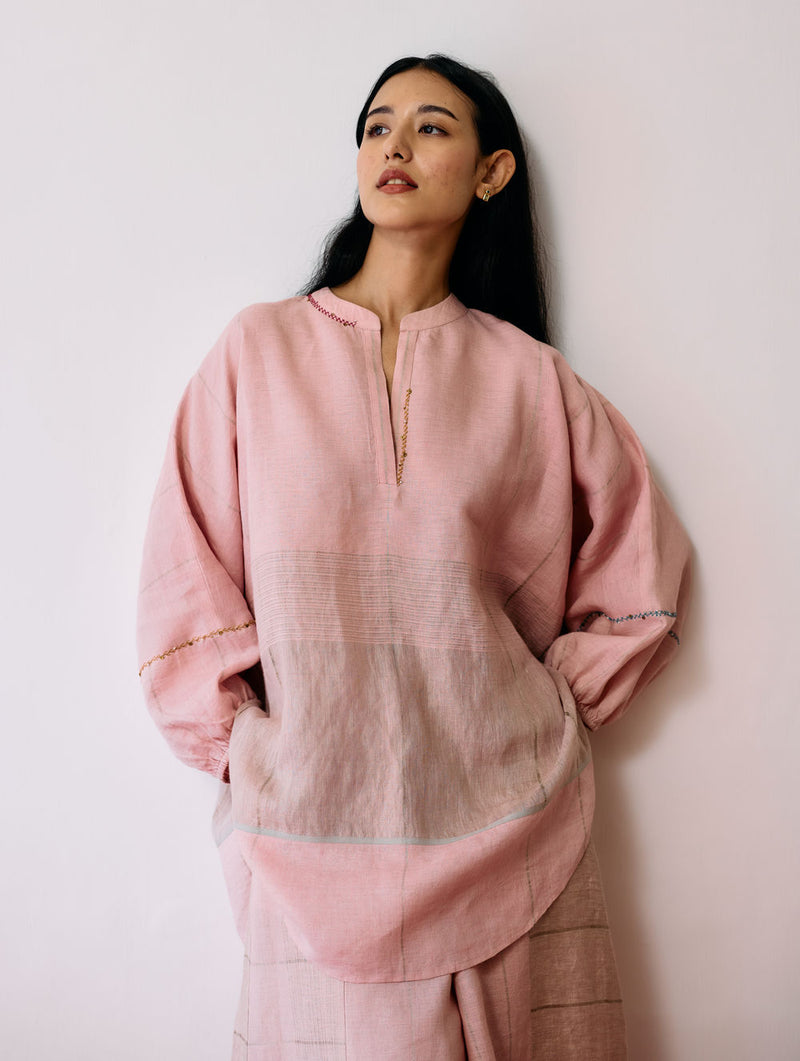 Raza Metallic Linen Co-ord-Pink linen co-ord set by Manan in pink for women Worldwide