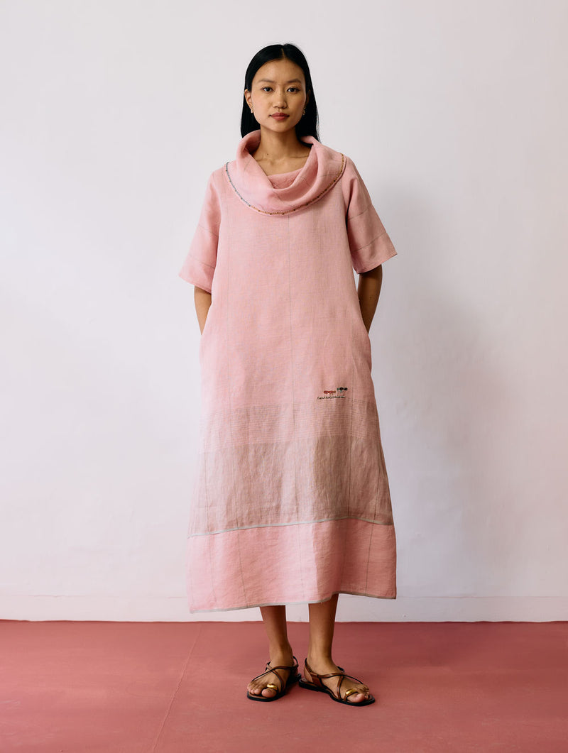 Zaran Cowl Neck Metallic Dress-Pink linen dress by Manan in pink for women Worldwide