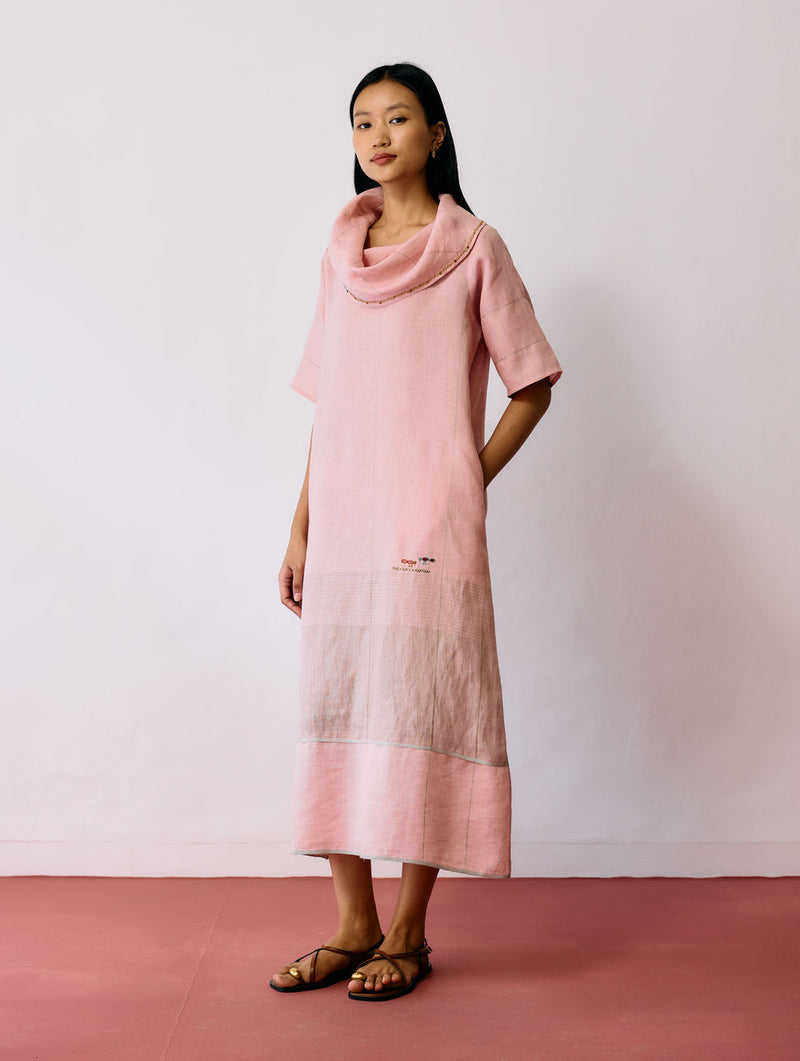 Zaran Cowl Neck Metallic Dress-Pink linen dress by Manan in pink for women Worldwide