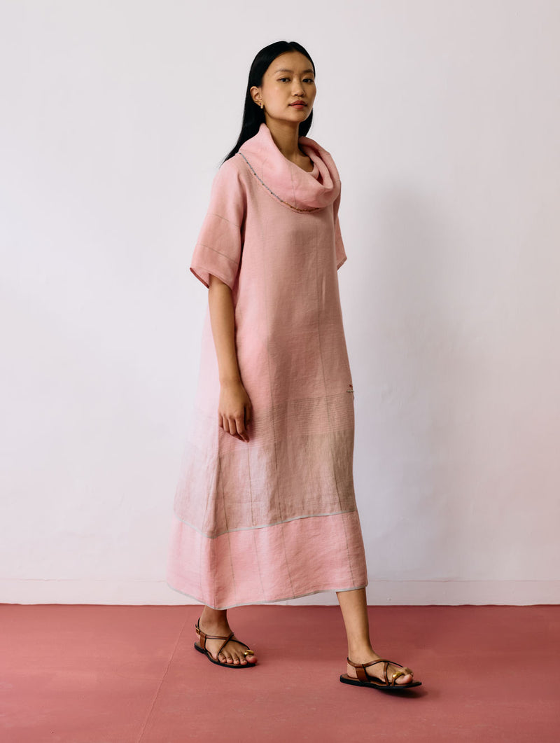 Zaran Cowl Neck Metallic Dress-Pink linen dress by Manan in pink for women Worldwide
