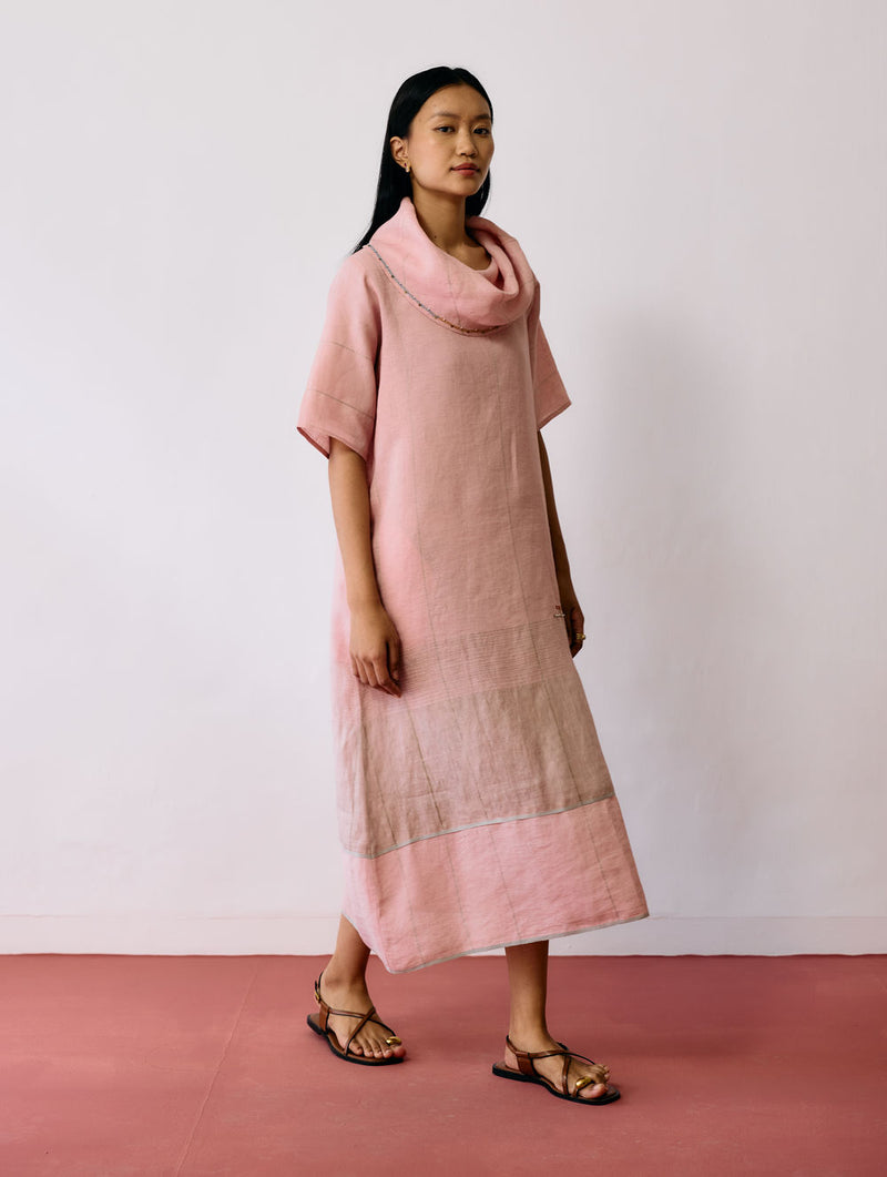Zaran Cowl Neck Metallic Dress-Pink linen dress by Manan in pink for women Worldwide