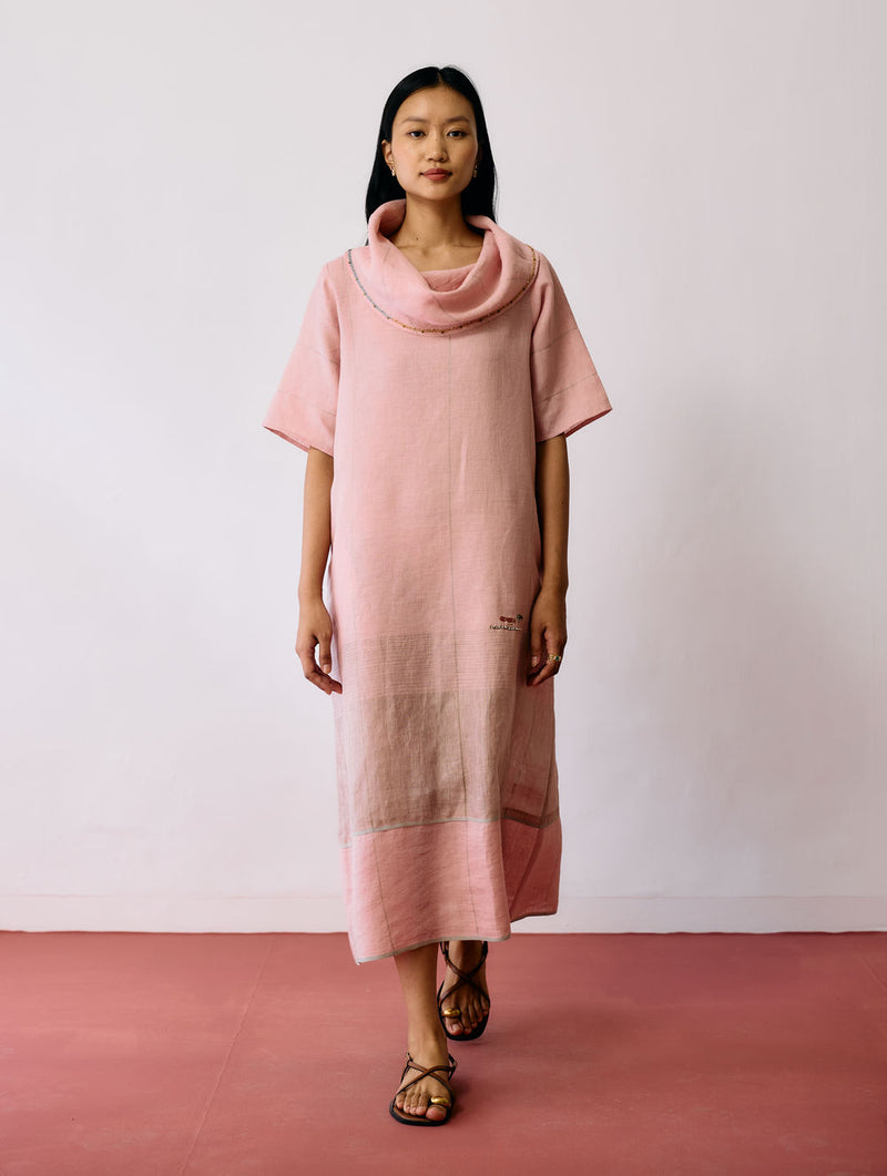 Zaran Cowl Neck Metallic Dress-Pink linen dress by Manan in pink for women Worldwide
