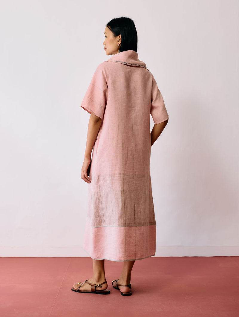 Zaran Cowl Neck Metallic Dress-Pink linen dress by Manan in pink for women Worldwide