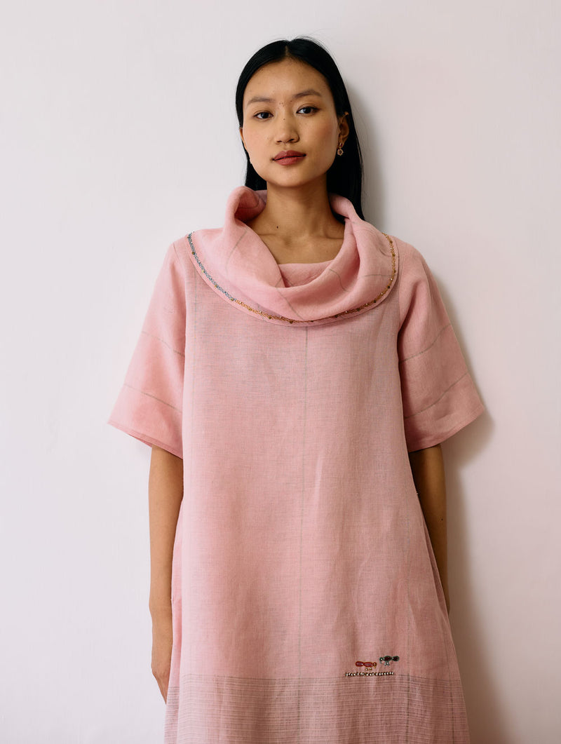 Zaran Cowl Neck Metallic Dress-Pink linen dress by Manan in pink for women Worldwide