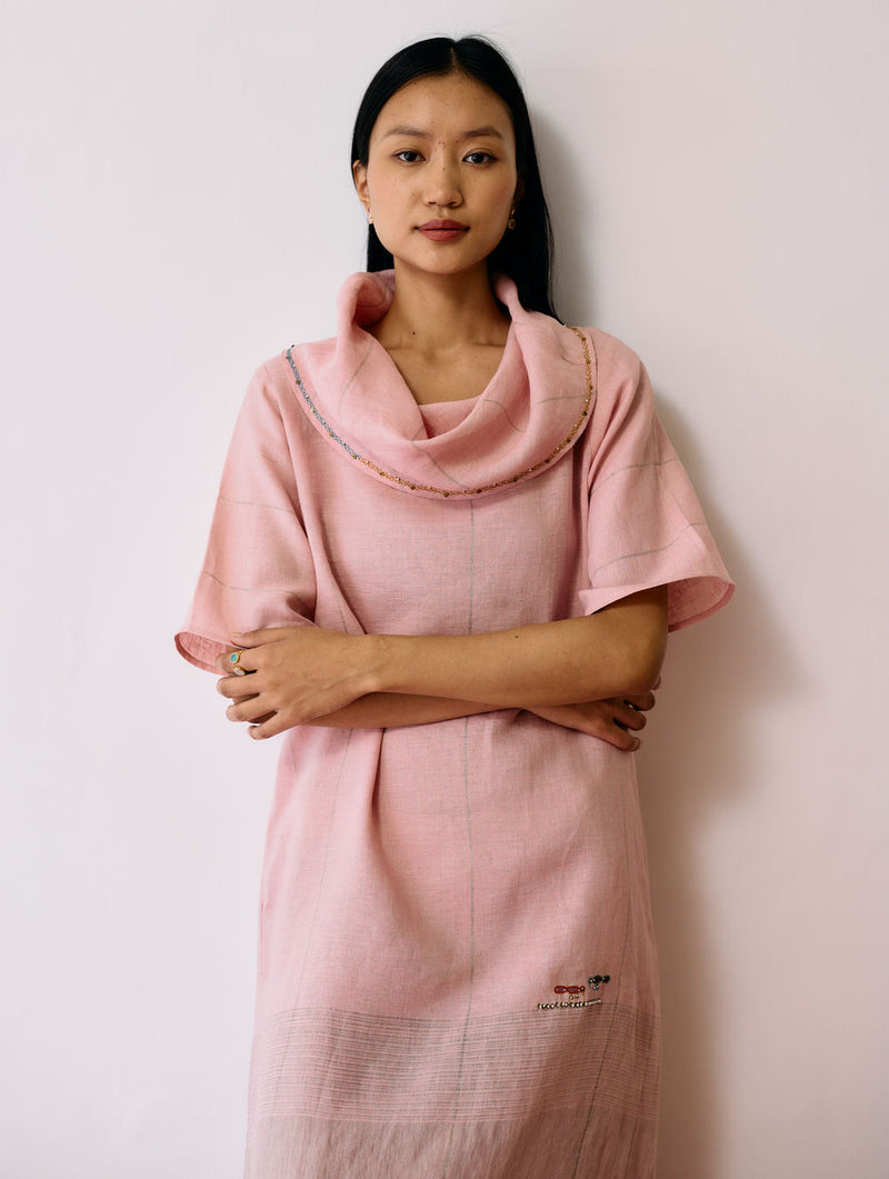 Zaran Cowl Neck Metallic Dress-Pink linen dress by Manan in pink for women Worldwide