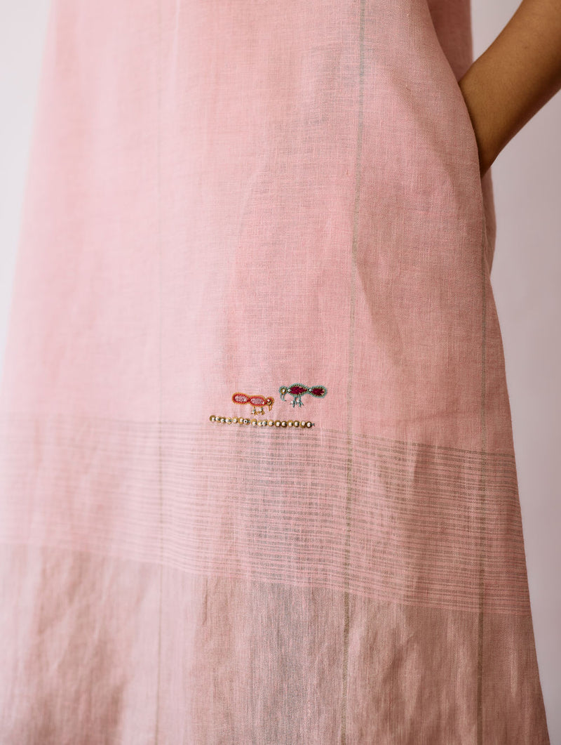 Zaran Cowl Neck Metallic Dress-Pink linen dress by Manan in pink for women Worldwide