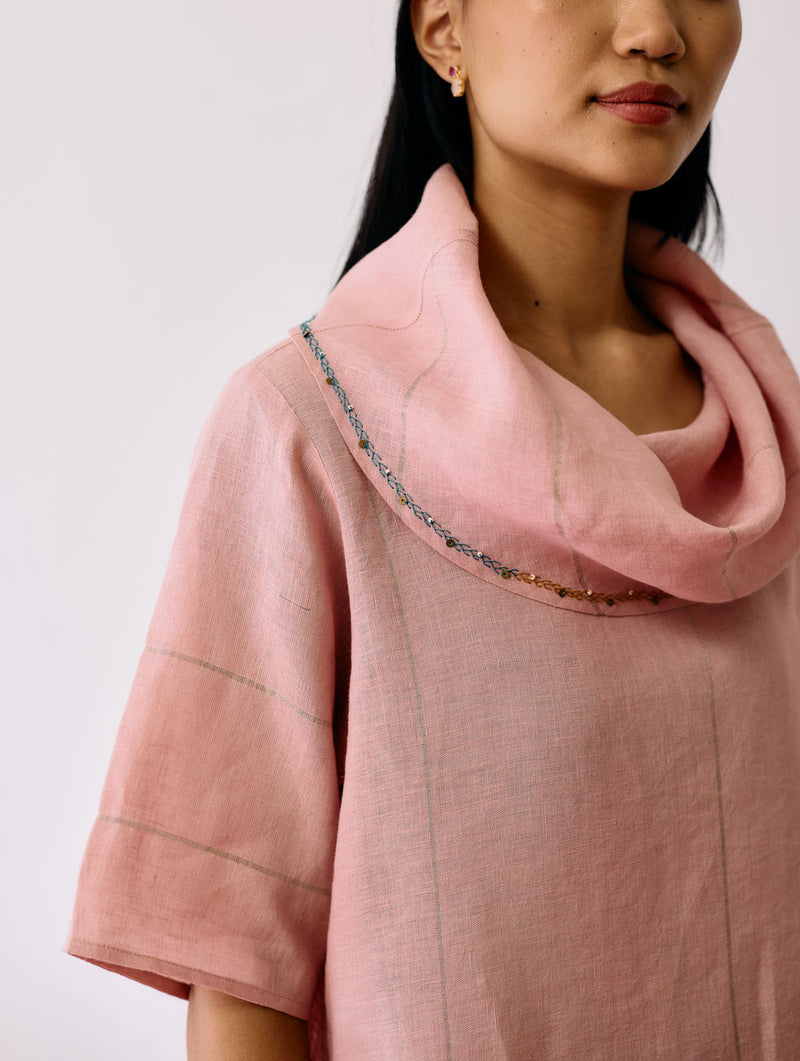 Zaran Cowl Neck Metallic Dress-Pink linen dress by Manan in pink for women Worldwide